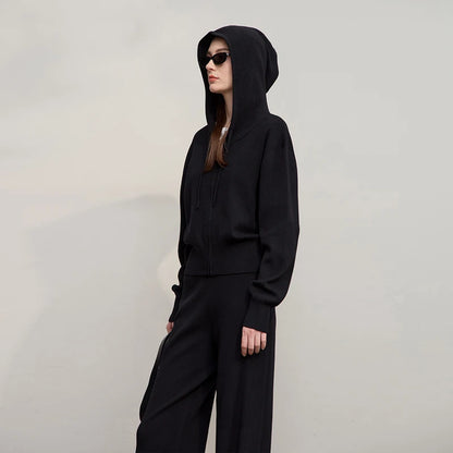 Damen-Strickjacke Kapuze Reißverschluss locker Wolle-Mix Herbst-Winter