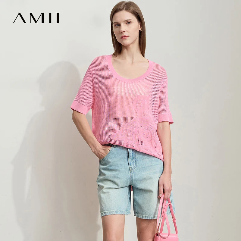Damenpullover kurzarm mit U-Ausschnitt, rosafarben, gemustertes Strickdesign mit Lochmustern