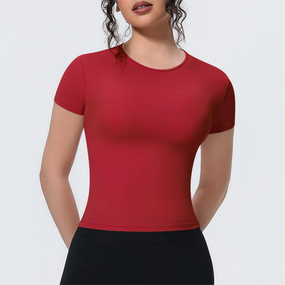 Damen Yoga-Shirt mit Rundhalsausschnitt, kurzarm, eng anliegend, rot