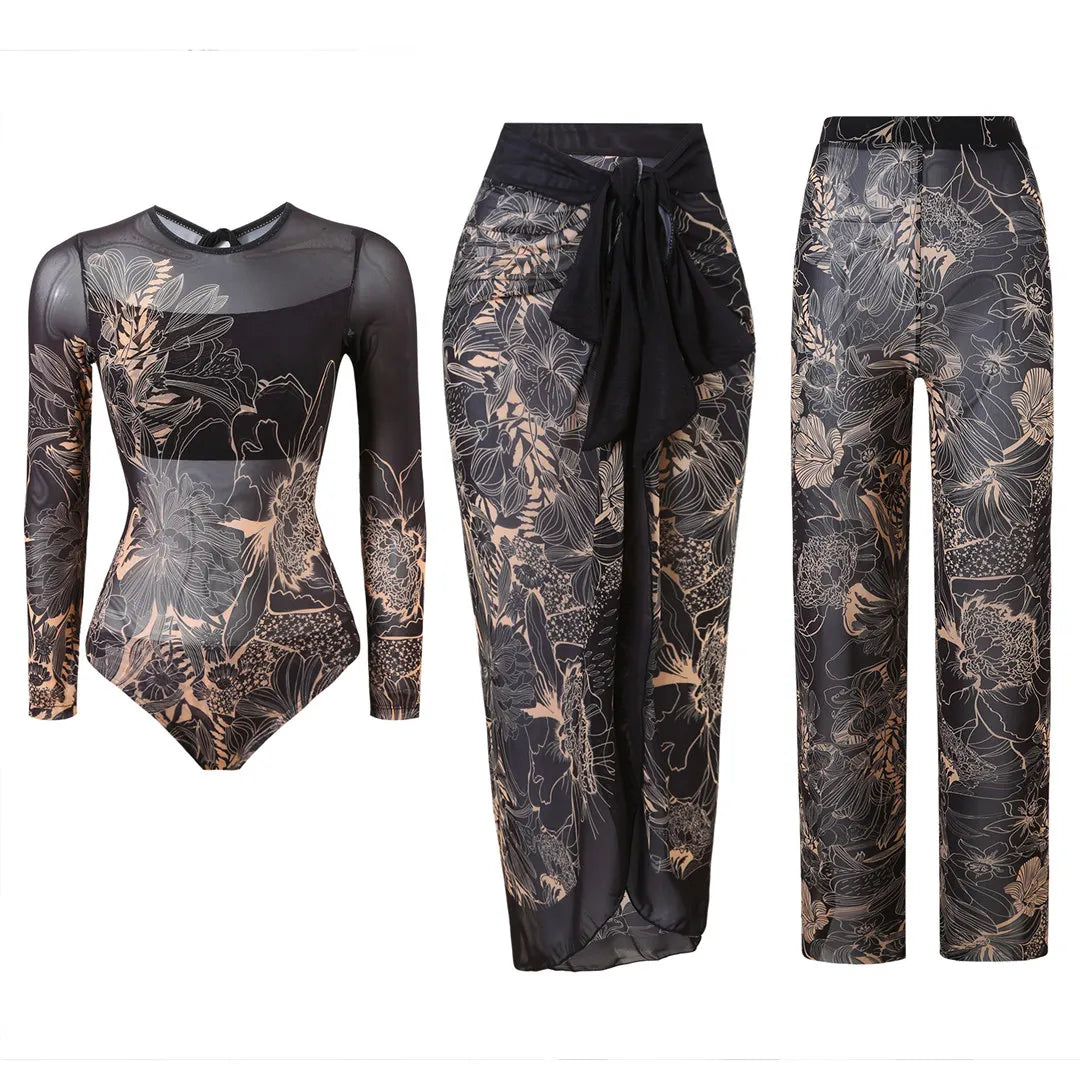 Damen-Badeanzug 3-teilig Print Langarm Sarong-Set gepolstert