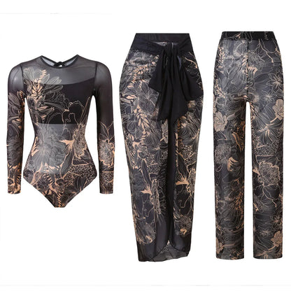 Damen-Badeanzug 3-teilig Print Langarm Sarong-Set gepolstert