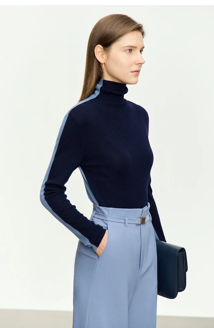 Damen-Rollkragenpullover Wolle-Mix Patchwork schlank Winter