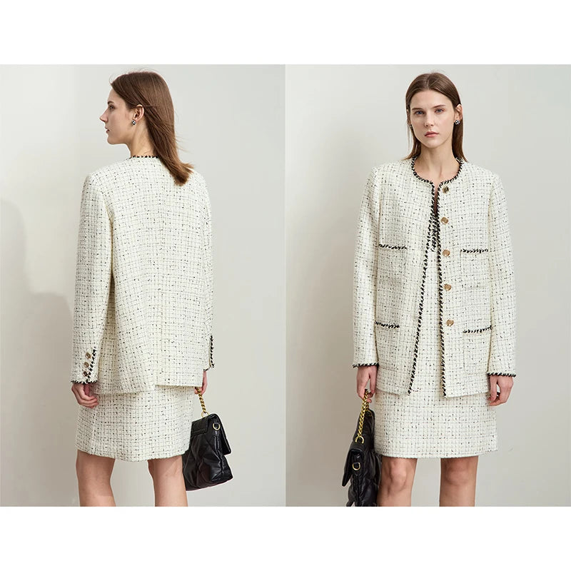 Damen eleganter Tweed-Wollmantel mit Schulterpolstern und lockerer Passform