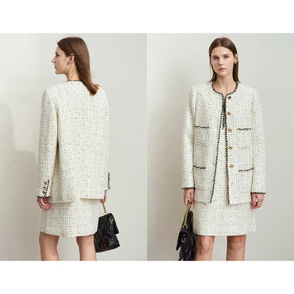 Damen eleganter Tweed-Wollmantel mit Schulterpolstern und lockerer Passform