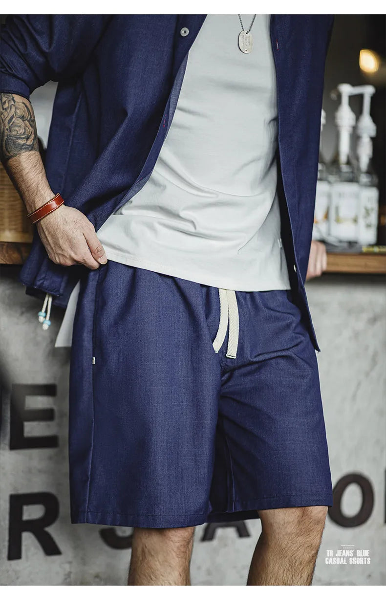 Herren Shorts im Retro-Stil aus gewaschenem Denim mit elastischem Bund und Kordelzug