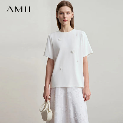 Damen Top im minimalistischen Stil mit elegantem O-Ausschnitt und Pailletten-Blume