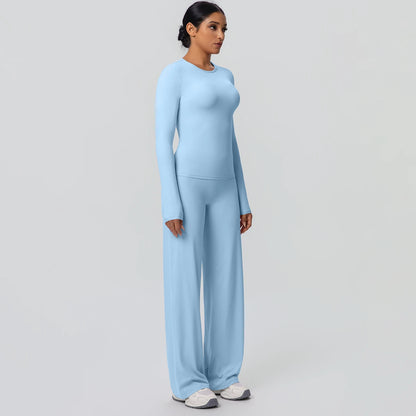 Damen-Yoga-Set mit Langarm-Top und weiten Leggings, hellblau