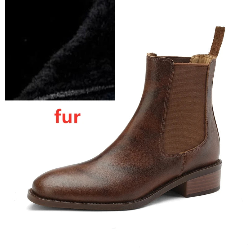 Braune Damen-Chelsea-Boots mit elastischem Einsatz und Fellbesatz am Schaft