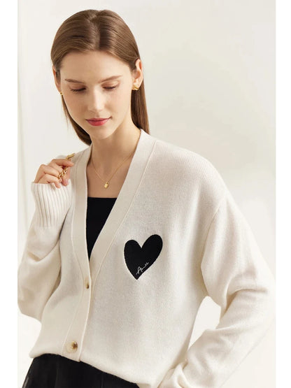 Damen-Strickjacke V-Ausschnitt Wollstickerei locker romantisch Winter