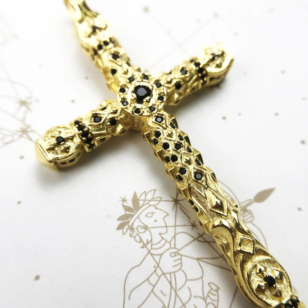 Damen-Charm-Anhänger Kreuz schwarze Steine Gold II aus Sterlingsilber