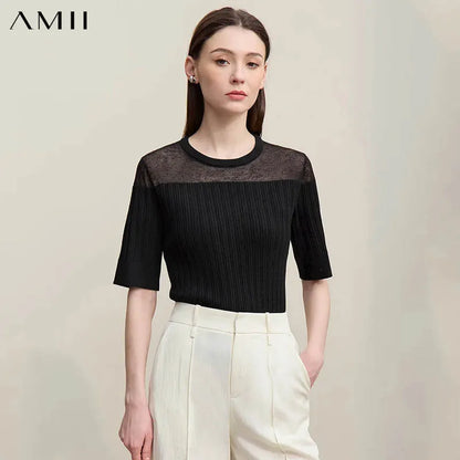 Damen-Stricktop mit Rundhalsausschnitt, Kurzarm, schwarz mit transparentem Einsatz