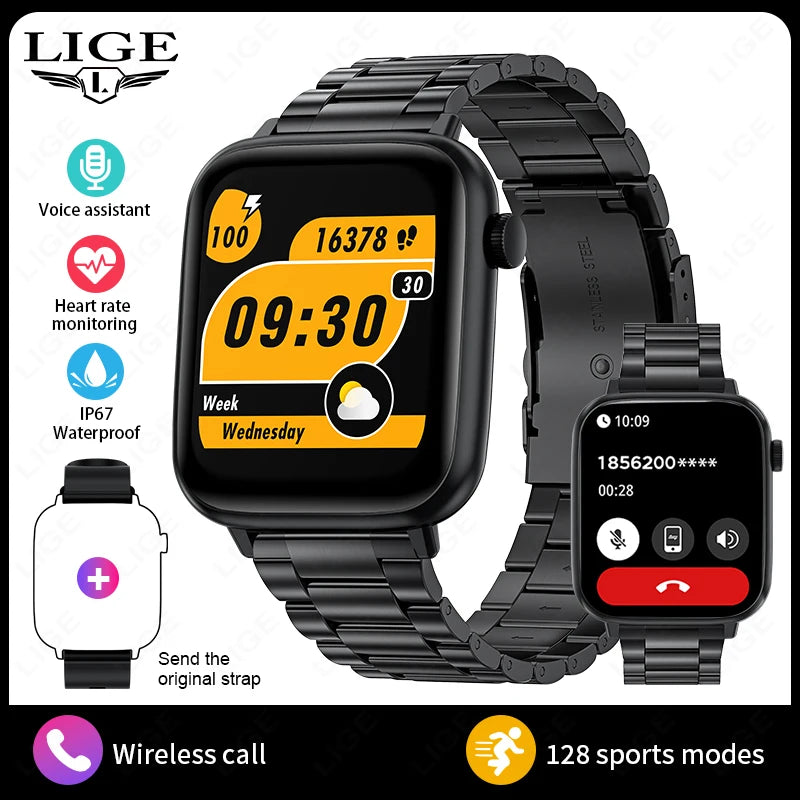 LIGE 2024 Männer Frauen Smart Uhr 1,83 Zoll Bluetooth Sprachanrufe Armband Informationen Warnungen Fitness Smartwatch Für IOS Android