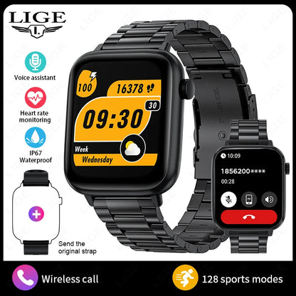 LIGE 2024 Männer Frauen Smart Uhr 1,83 Zoll Bluetooth Sprachanrufe Armband Informationen Warnungen Fitness Smartwatch Für IOS Android