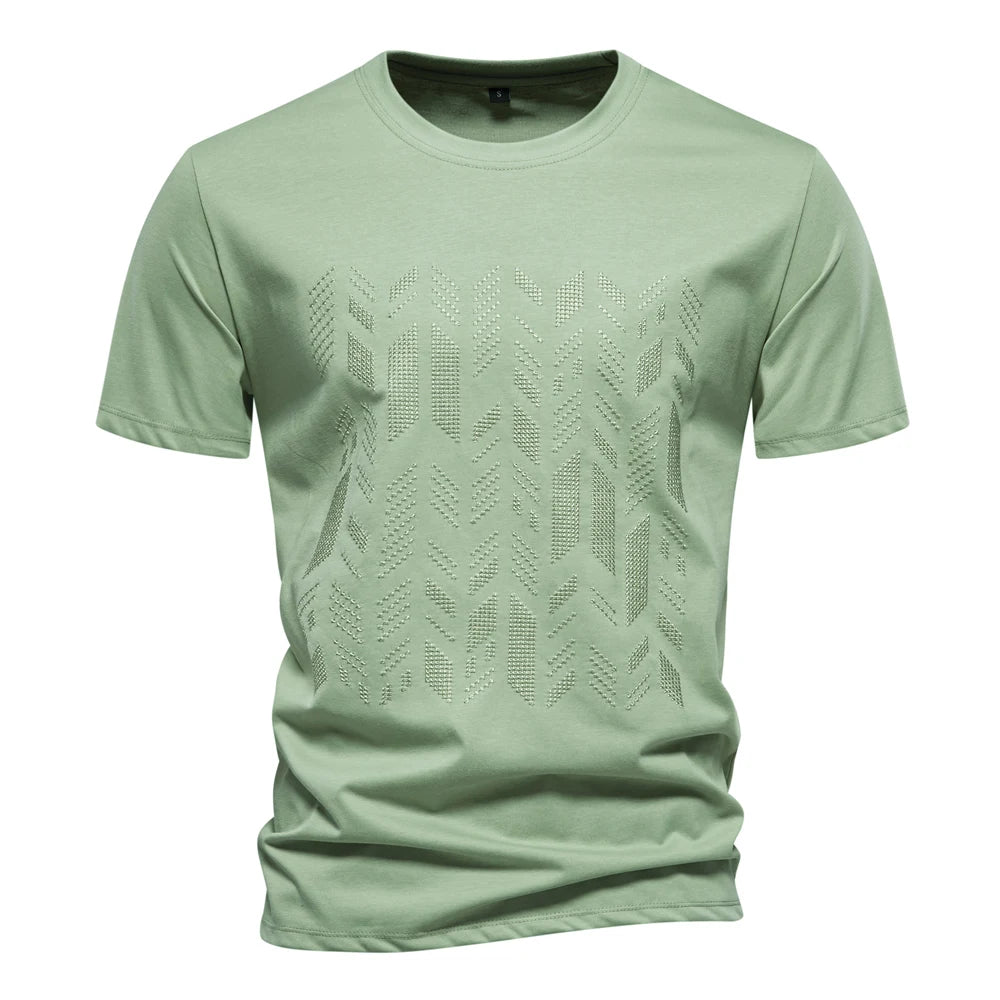 Herren-T-Shirt in Olivgrün mit Stickmuster vorne, Kurzarm