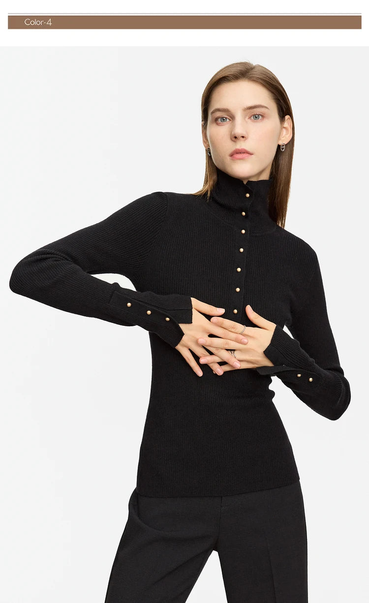 Damen-Strickjacke Rollkragen Knopfleiste Slim halboffene Front Herbst