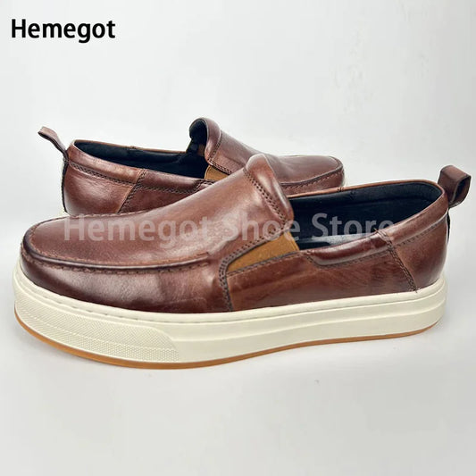 Round Toe Slip-On Loafers High-End Breathable Casual Genuine Leather Men's Shoes Thick-Soled Breathable Men's Leather Shoes