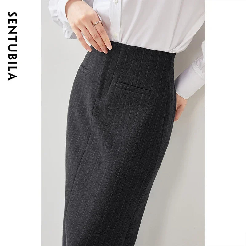 Damen Gestreifter Anzugrock im High-Taille Design mit Schlitz für Büroarbeit