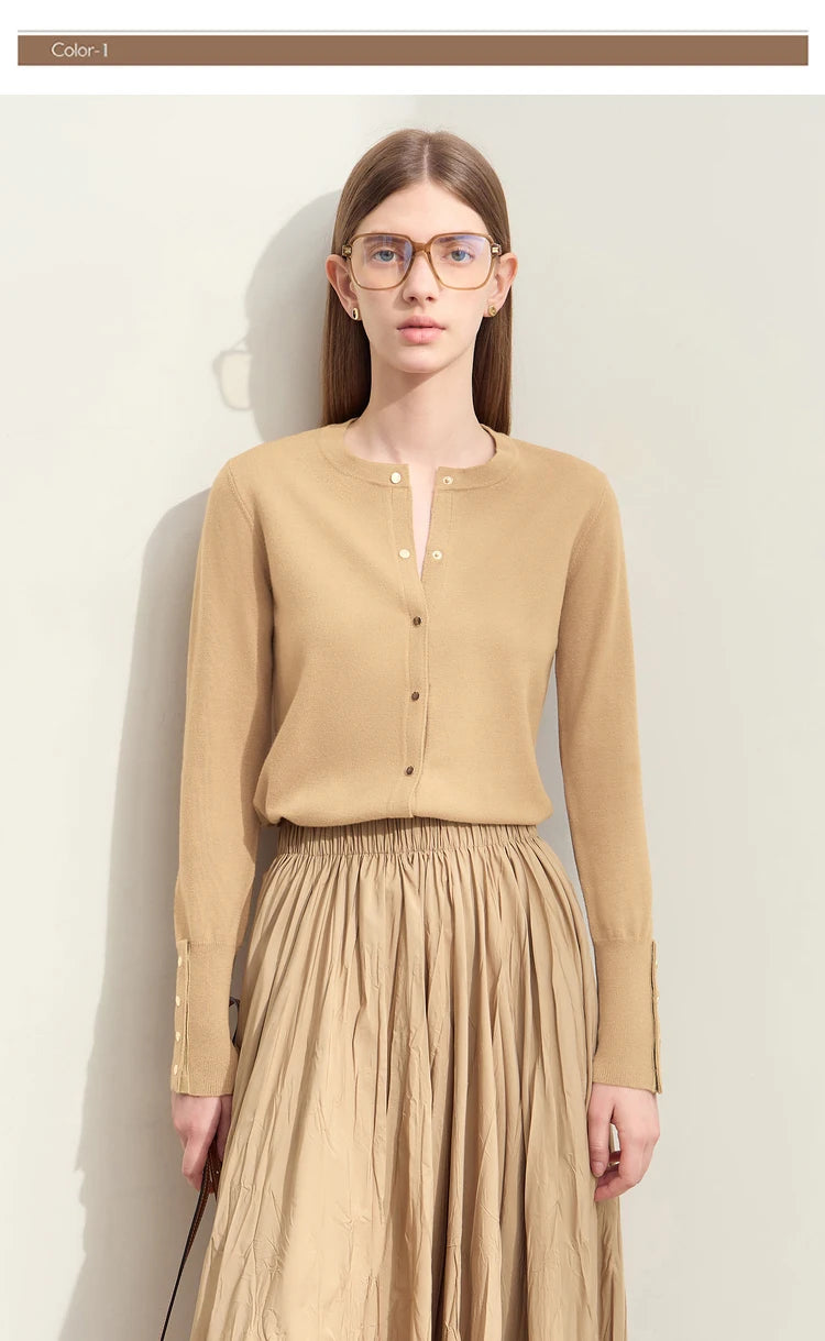Damen-Strickjacke Rundhals Wolle Metallknopf französisch Büro Frühling