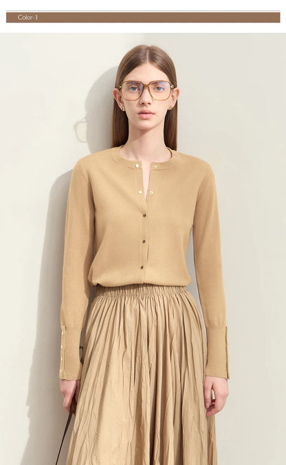 Damen-Strickjacke Rundhals Wolle Metallknopf französisch Büro Frühling