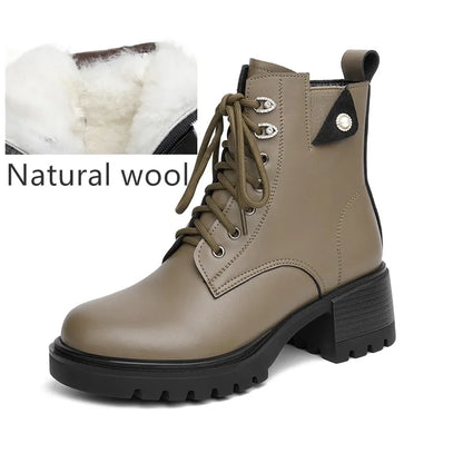 Damen-Winterstiefelette, beiger Schnürstiefel mit Wollfutter und griffiger Profilsohle