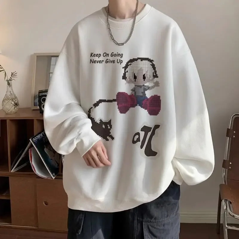 Japanischer Vintage-Pullover mit Fleece, Rundhalsausschnitt und Print – Lässiger Langarm-Hoodie für Herren im Winter.