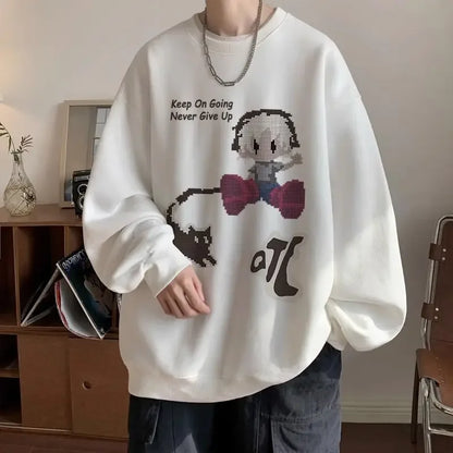Japanischer Vintage-Pullover mit Fleece, Rundhalsausschnitt und Print – Lässiger Langarm-Hoodie für Herren im Winter.