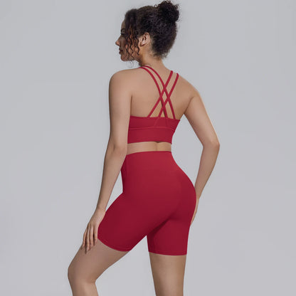 Damen-Yoga-Set: Sport-BH mit Rückenkreuz und Biker-Shorts, rot