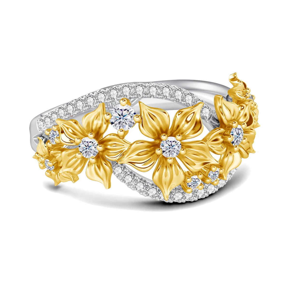 Damen-Ring Blüten-Moissanit Mit Zertifikat Und Goldplattierung Auf 925er Silber Für Verlobung Und Alltag