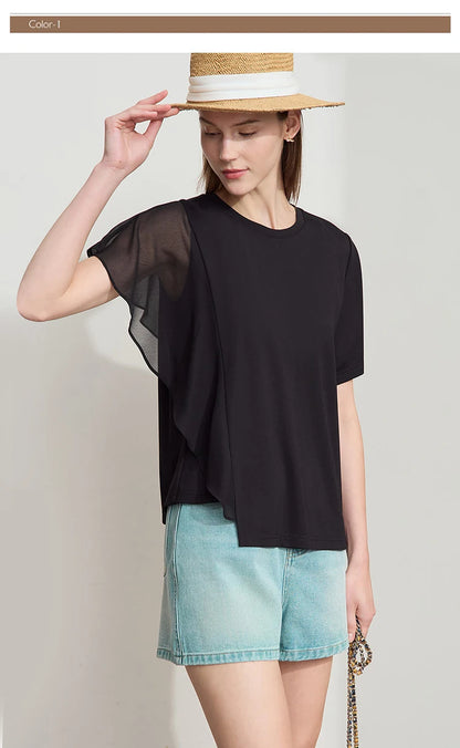 Damen Sommer-T-Shirt mit kurzen Schmetterlingsärmeln und Rundhalsausschnitt