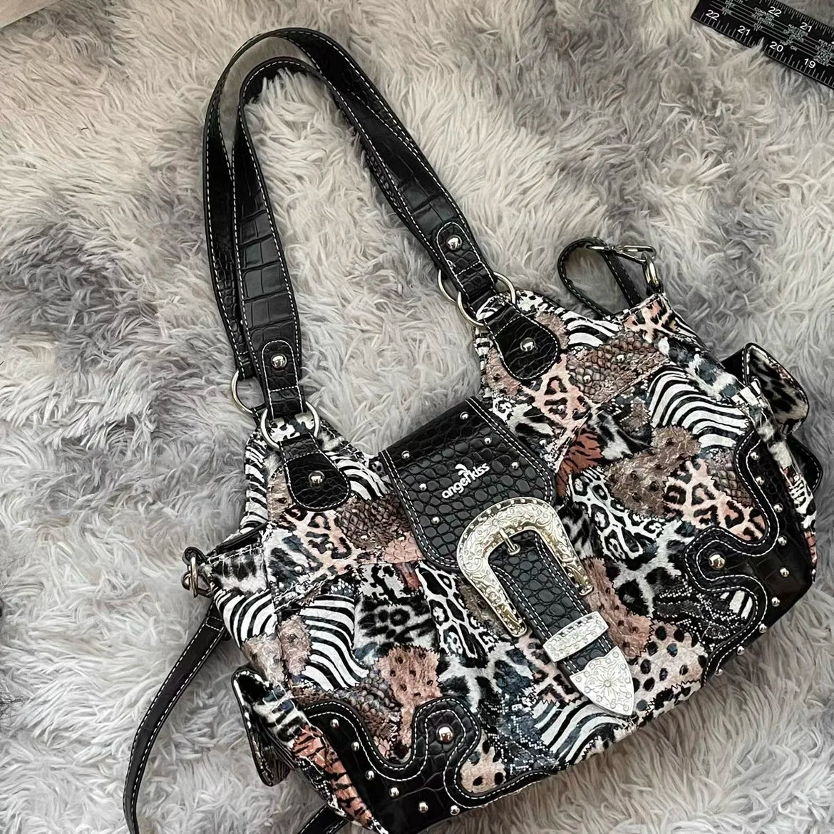 Damen-Handtasche aus PU Leder Leopardenmuster Top-Handle Tragegriff Mit Innenfächern und Reißverschlussfach