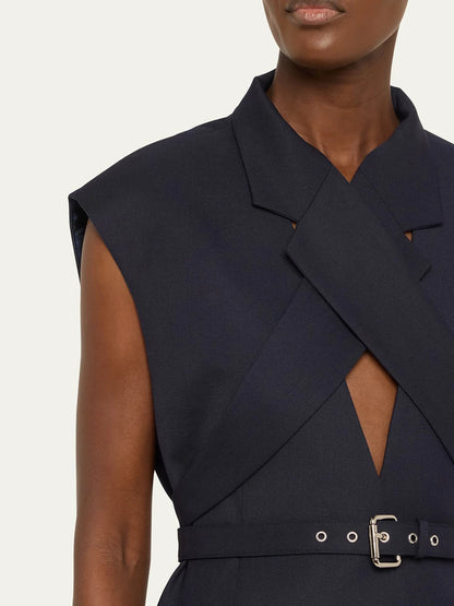 Elegantes ärmelloses Minikleid mit Rundhalsausschnitt und Pailletten-Patchwork für Damen – figurbetont und mit Schleifendetail.