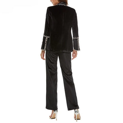Elegantes Damen-Zweiteiler-Set mit V-Ausschnitt, langen Ärmeln und Perlenverzierung – Patchwork-Top mit Knöpfen und hoch taillierte Hose