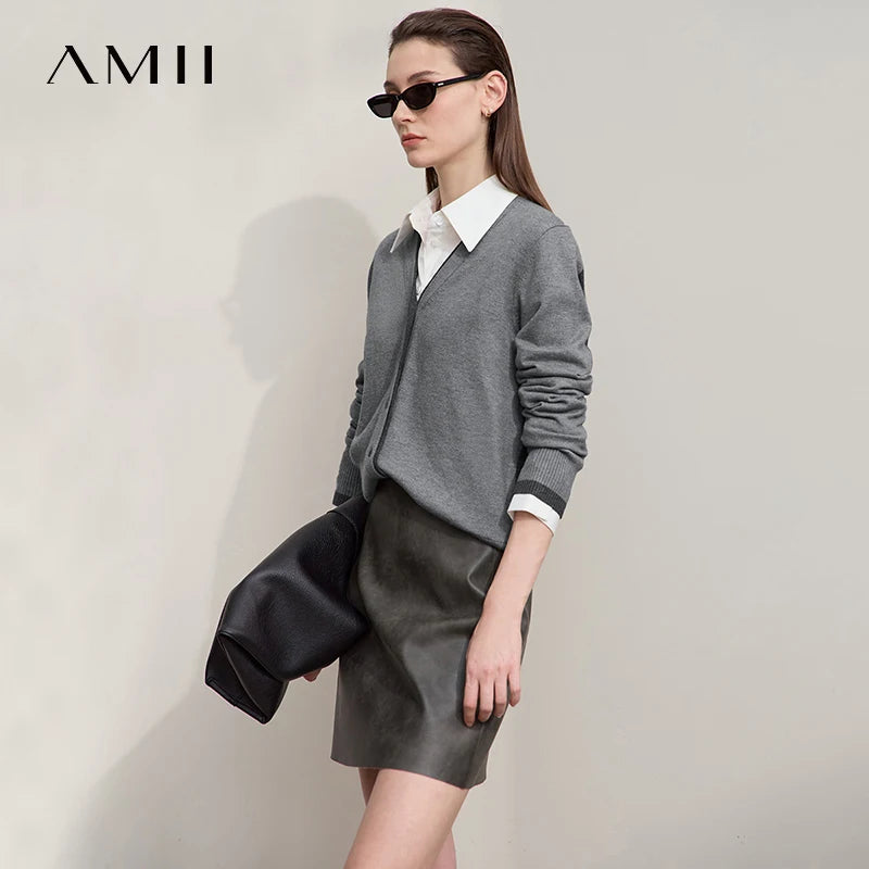 Damen-Strickjacke V-Ausschnitt koreanisch Fake-Zweiteilig Wolle locker Herbst
