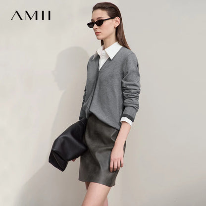 Damen-Strickjacke V-Ausschnitt koreanisch Fake-Zweiteilig Wolle locker Herbst