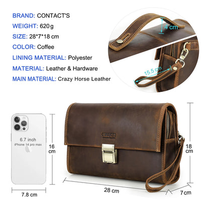 Braune Leder-Clutch mit Umschlag und Metallschloss, Innenfächer und Größenangaben