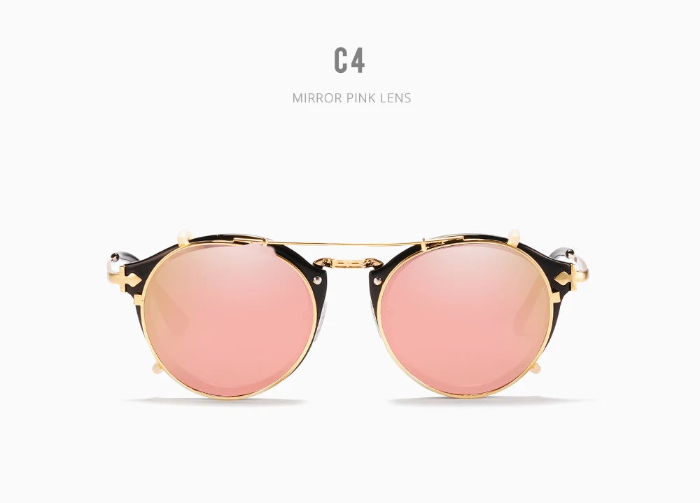 Sonnenbrille rund Steampunk Clip-On abnehmbar polarisiert Markenbox Herren