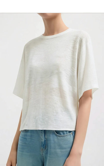 Damen-Rundhalspullover Fledermausärmel locker transparent Viskose Sommer
