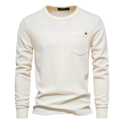 Herren-T-Shirt aus Waffel-Baumwolle mit langen Ärmeln – einfarbiges Einzeltaschen-Design, atmungsaktives Herbst-Basic-Oberteil für lässige Outfits