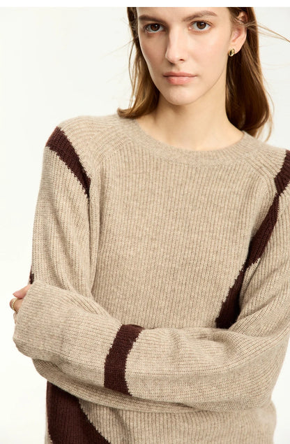 Damen-Rundhalspullover Wolle Yak asymmetrisch Patchwork locker Winter