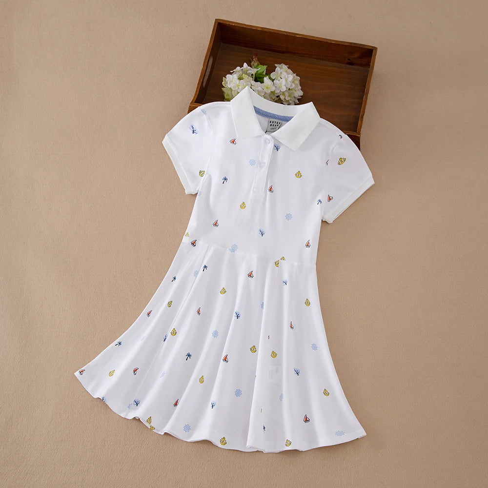 Mädchen-Polokleid mit nautischem Aufdruck, kurzärmelig, A-Linie, Freizeitkleid für Kinder, 5–12 Jahre, Kinderkleidung
