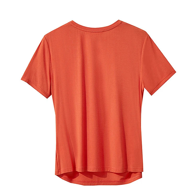 Damen Sommer-T-Shirt im minimalistischen Stil mit schmalem O-Ausschnitt und kurzen Ärmeln