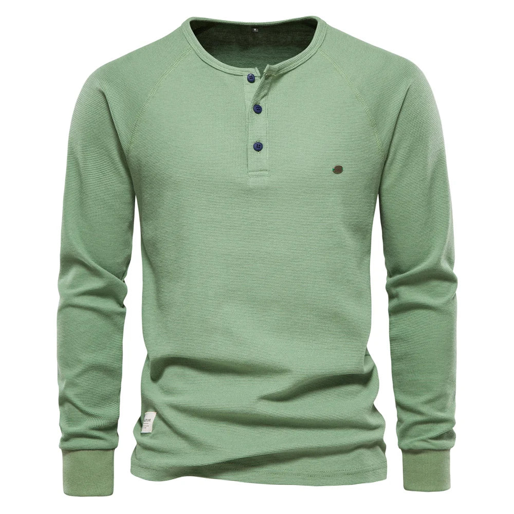 Herren Langarm Waffel Henley T-Shirt in fester Farbe für den Herbst