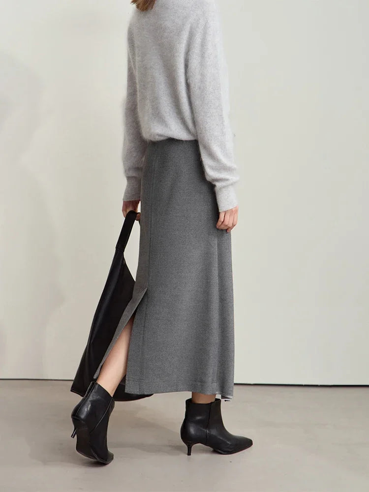 Damen-Wollrock Midi-Länge mit Schlitz und hoher Taille, dunkelgrau, seitliche Ansicht