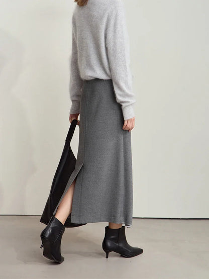Damen-Wollrock Midi-Länge mit Schlitz und hoher Taille, dunkelgrau, seitliche Ansicht