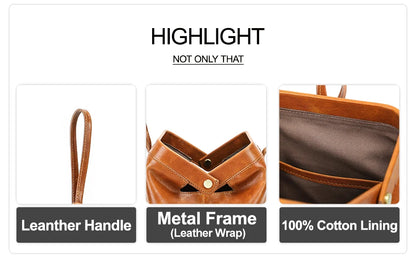 Kleine Handtasche aus Leder mit Metallrahmen und 100% Baumwollfutter