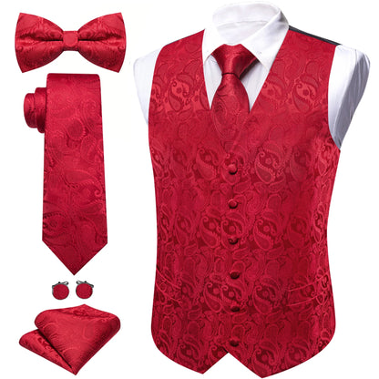 Anzugweste-Set mit Paisley-Muster in Rot, mit Krawatte, Fliege und Einstecktuch
