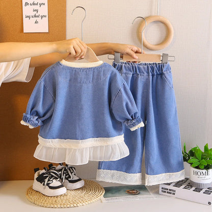 Mädchen Kleidung Set mit süßem Mantel und breiten Hosen im Koreanischen Stil