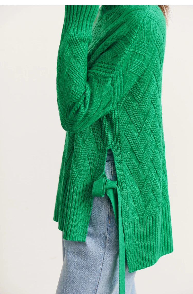 Damen-Rollkragenpullover locker Schnürung Herbst-Winter