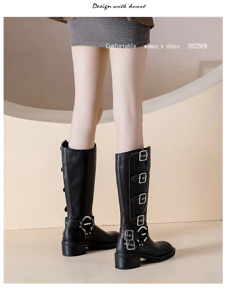 AIYUQI Women Cowboy Boots 2025 Autumn New Belt Buckle Women Marton Boots British Style Large Size 41 42 43 Women Long Boots