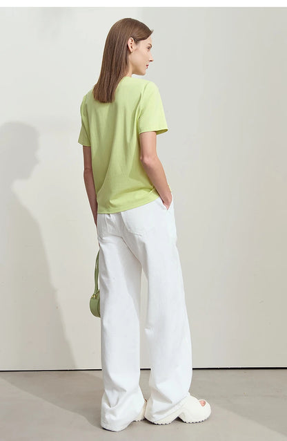 Damen T-Shirt mit O-Ausschnitt und geometrischer Dekoration aus antibakterieller Baumwolle